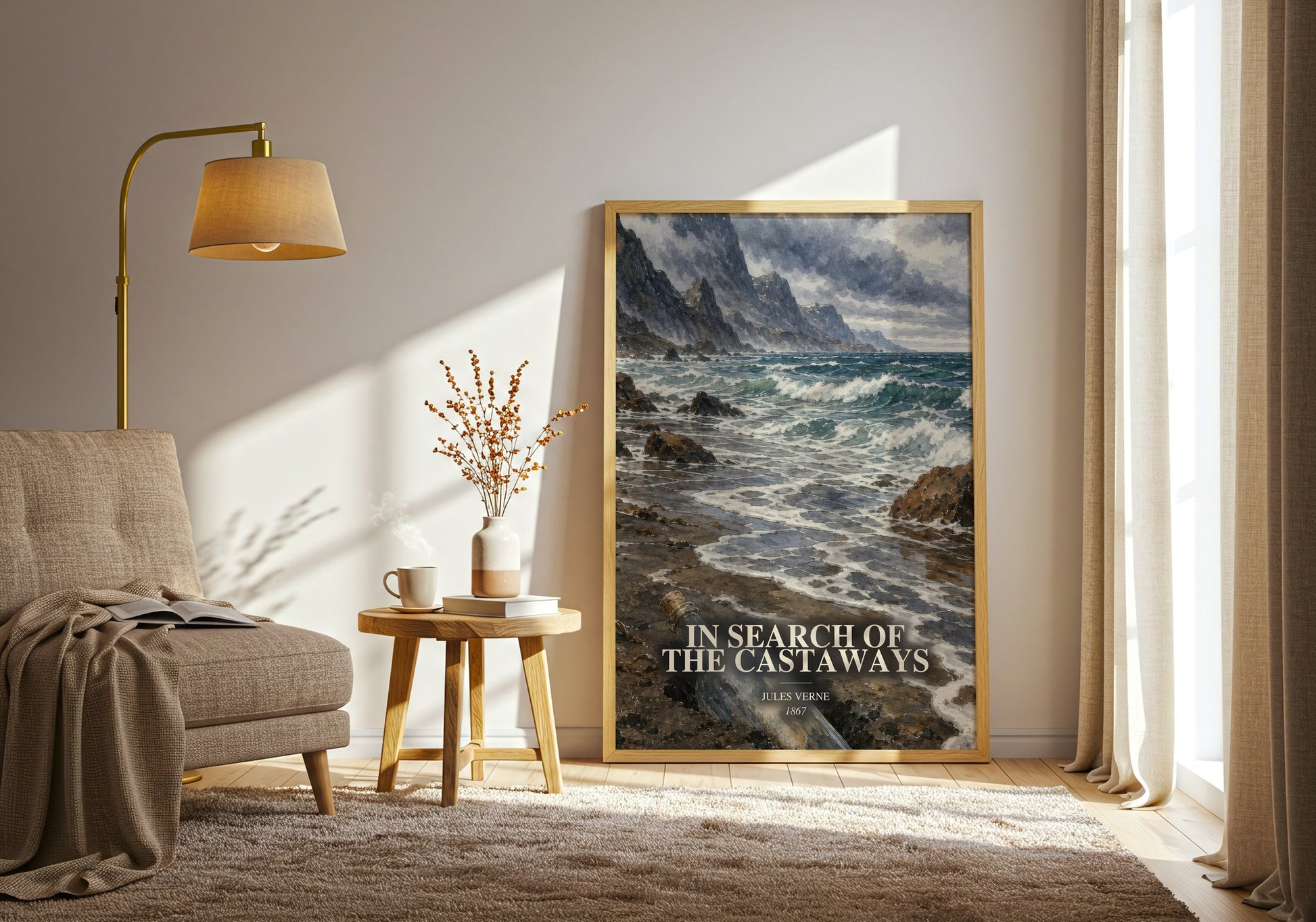 In Search Of The Castaways watercolour print in frame leaning in hallway – adventure wall art