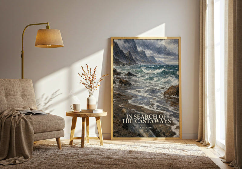 In Search Of The Castaways watercolour print in frame leaning in hallway – adventure wall art