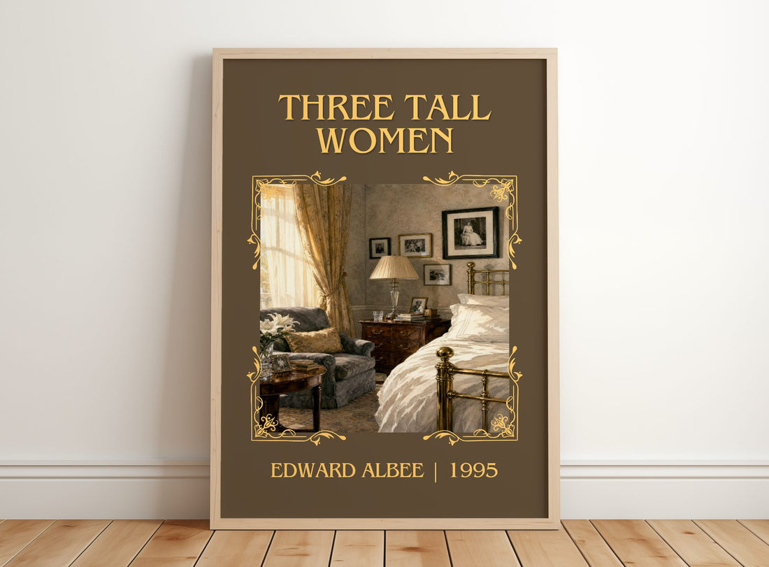 Three tall women Classic Book Art Print by Edward Albee – framed print leaning on a wooden floor