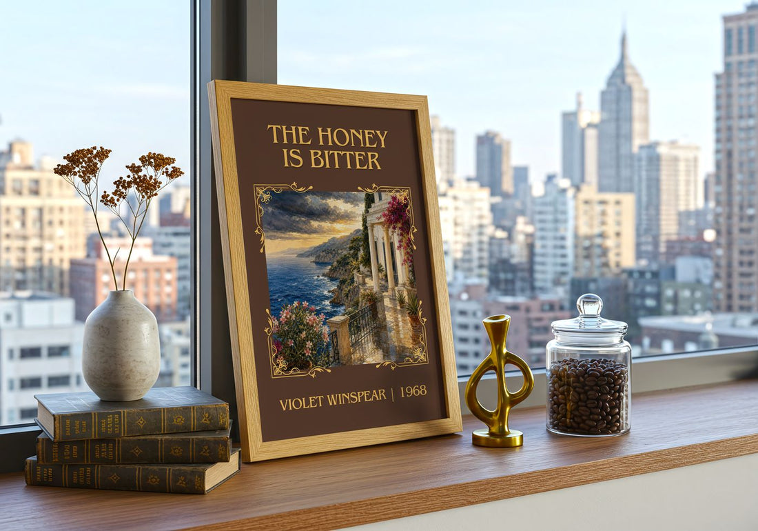 The Honey is Bitter Classic Book Art Print by Violet Winspear – framed print on a city-view windowsill
