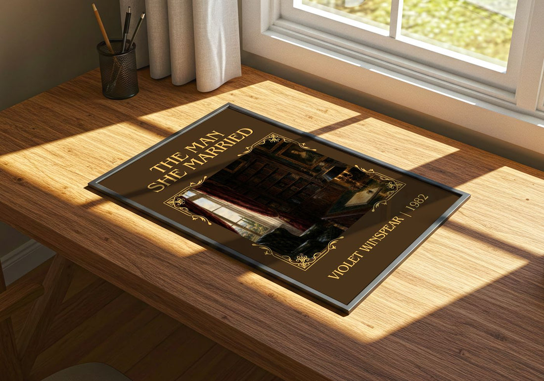 The Man She Married Classic Book Art Print by Violet Winspear – print on a sunlit desk