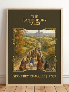 The Canterbury Tales Classic Book Art Print by Geoffrey Chaucer – framed print leaning on a wooden floor