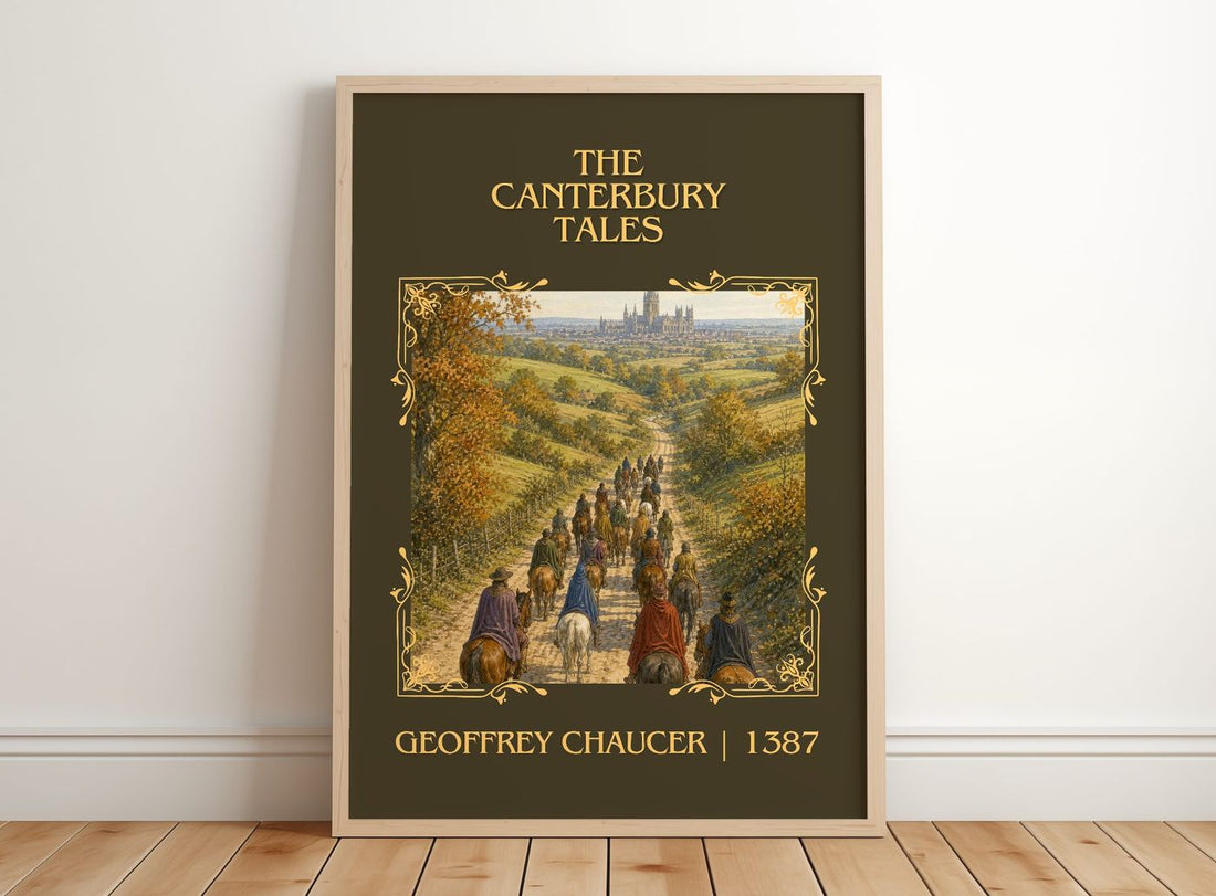 The Canterbury Tales Classic Book Art Print by Geoffrey Chaucer – framed print leaning on a wooden floor