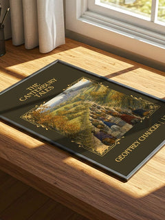 The Canterbury Tales Classic Book Art Print by Geoffrey Chaucer – print on a sunlit desk