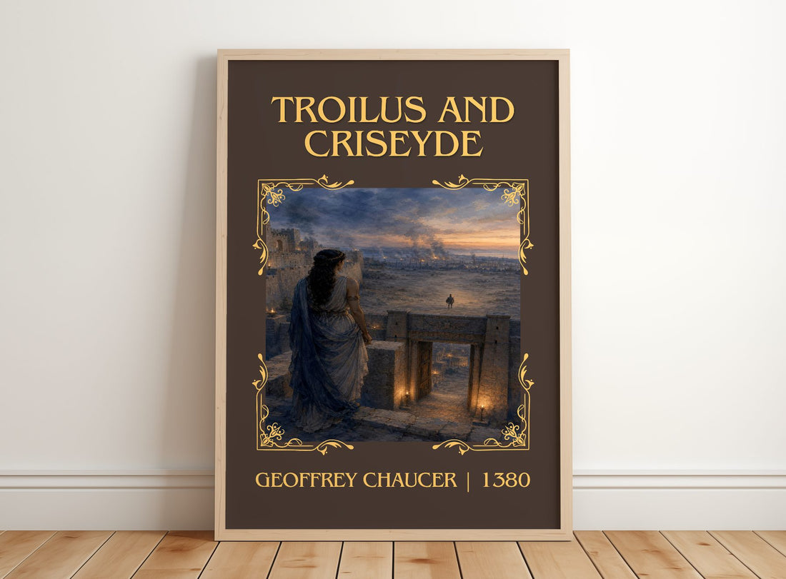 Troilus and Criseyde Classic Book Art Print by Geoffrey Chaucer – framed print leaning on a wooden floor