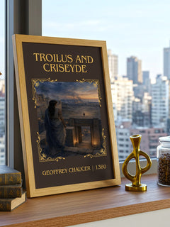 Troilus and Criseyde Classic Book Art Print by Geoffrey Chaucer – framed print on a city-view windowsill
