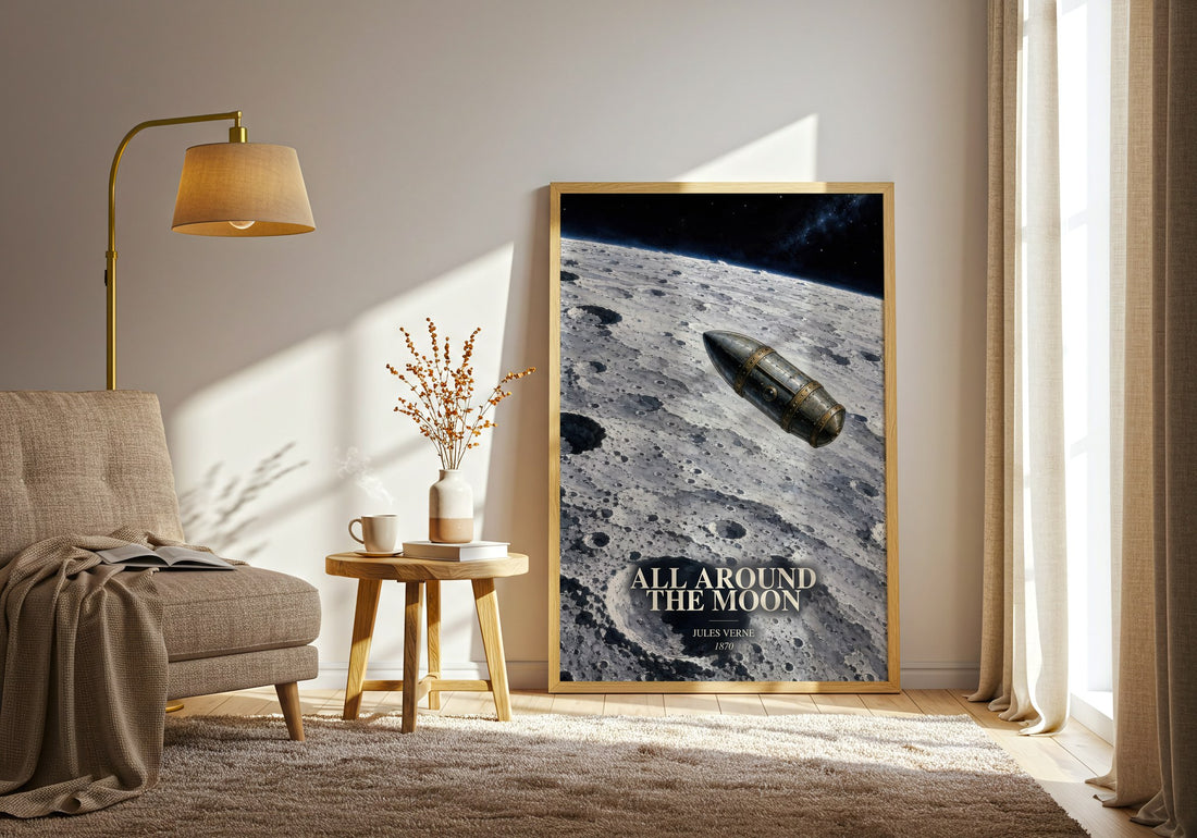 All Around The Moon watercolour print in frame leaning in hallway – sci fi wall art (mockup)