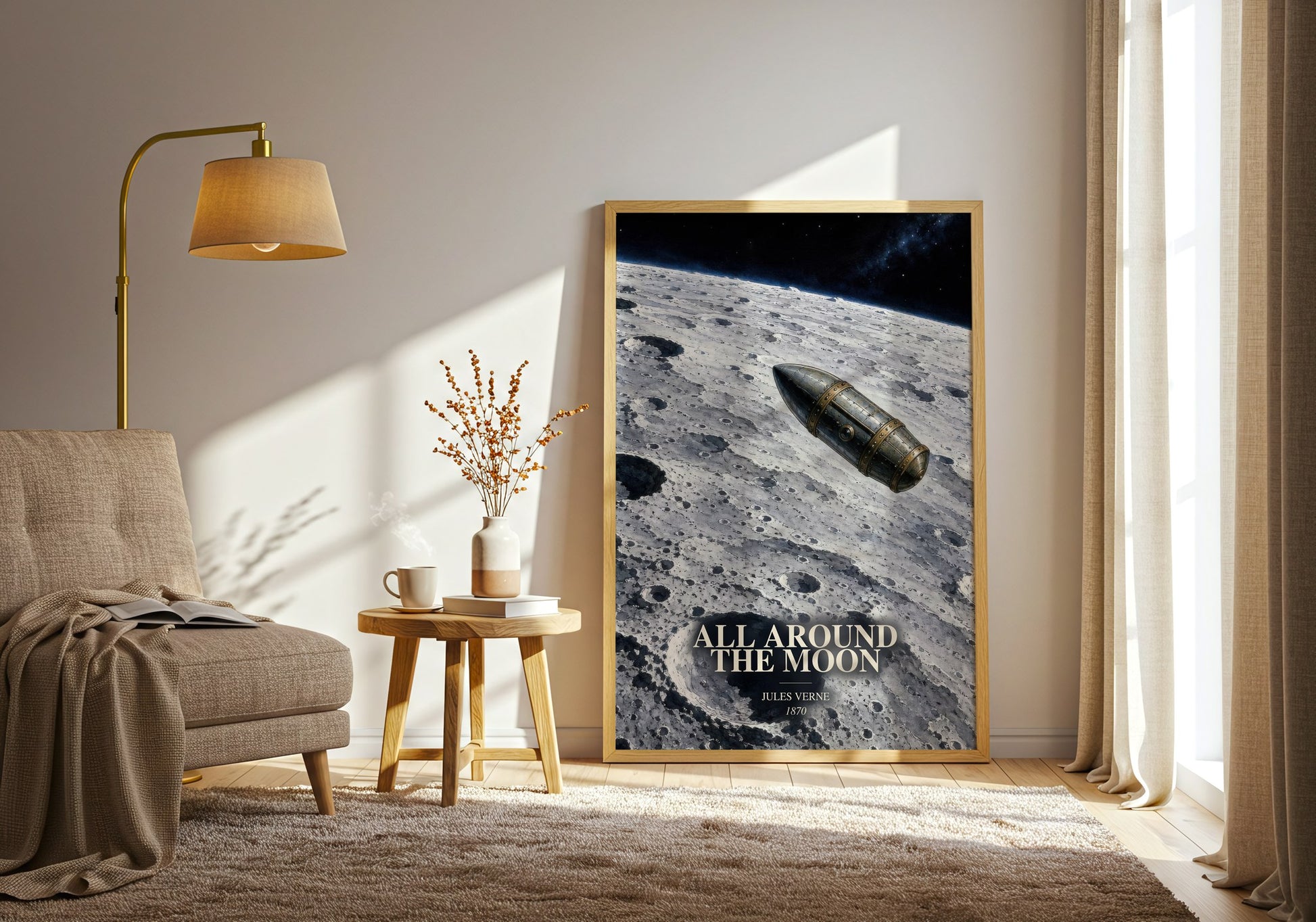 All Around The Moon watercolour print in frame leaning in hallway – sci fi wall art