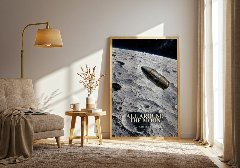 All Around The Moon watercolour print in frame leaning in hallway – sci fi wall art