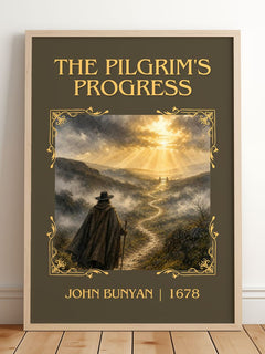 The Pilgrim's Progress Classic Book Art Print by John Bunyan – framed print leaning on a wooden floor