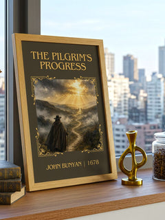 The Pilgrim's Progress Classic Book Art Print by John Bunyan – framed print on a city-view windowsill