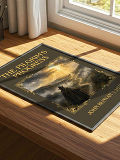 The Pilgrim's Progress Classic Book Art Print by John Bunyan – print on a sunlit desk