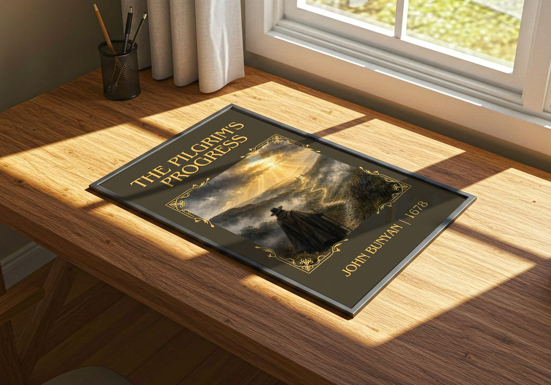 The Pilgrim's Progress Classic Book Art Print by John Bunyan – print on a sunlit desk