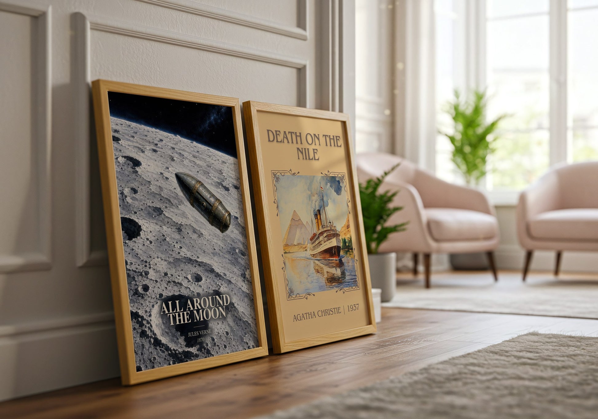 All Around The Moon watercolour print framed by window – literary home decor