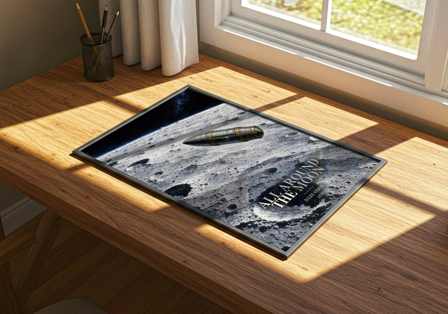 All Around The Moon watercolour book poster framed on wall – sci fi wall art