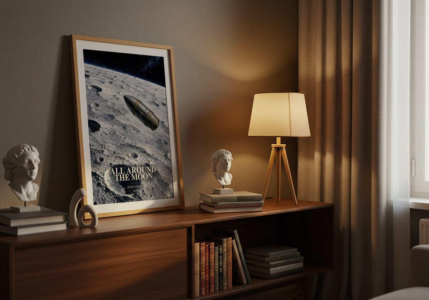 All Around The Moon watercolour print on bookshelf – Jules Verne fan gift