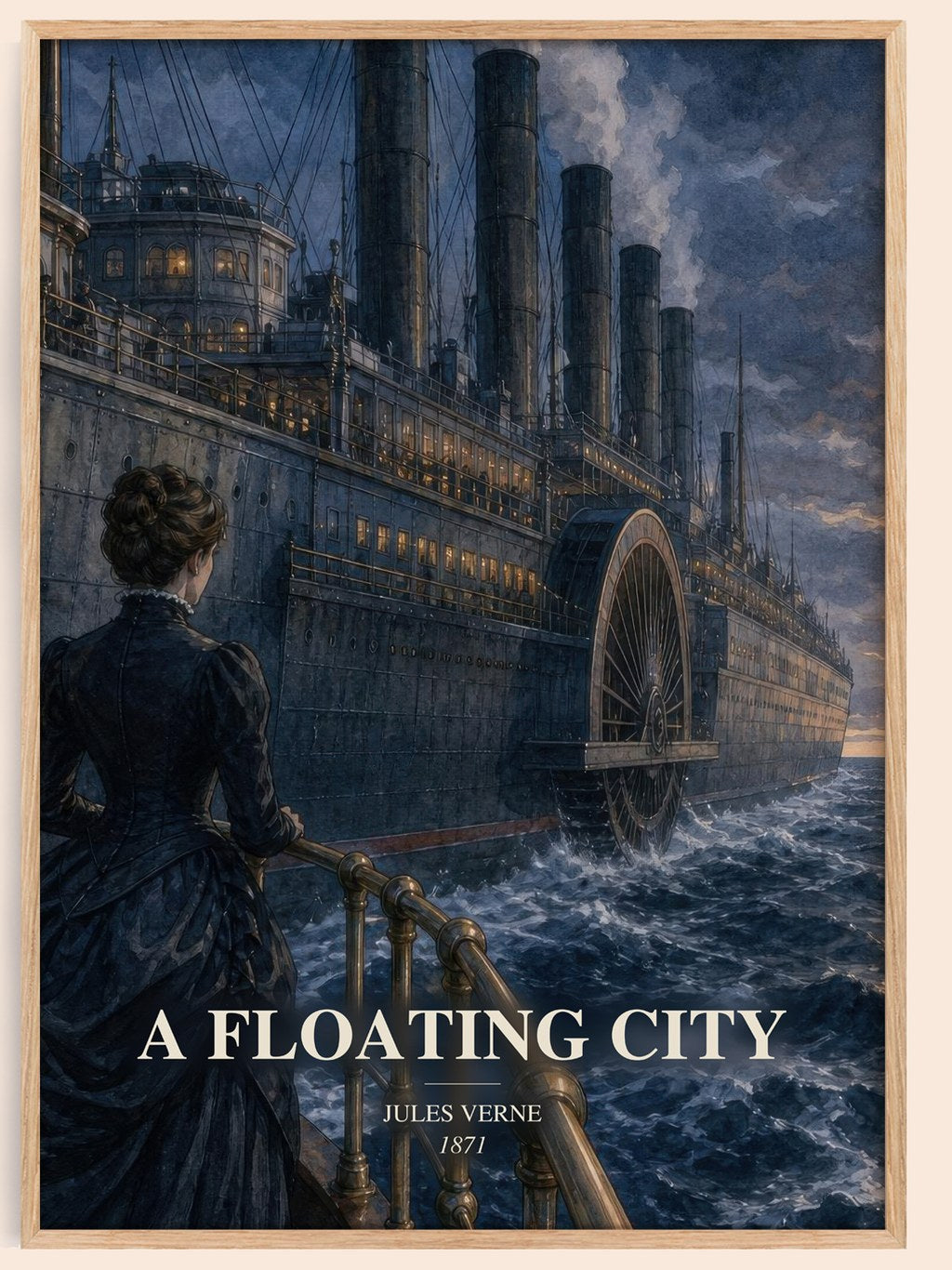 A Floating City watercolour book poster by Jules Verne – framed literary art print