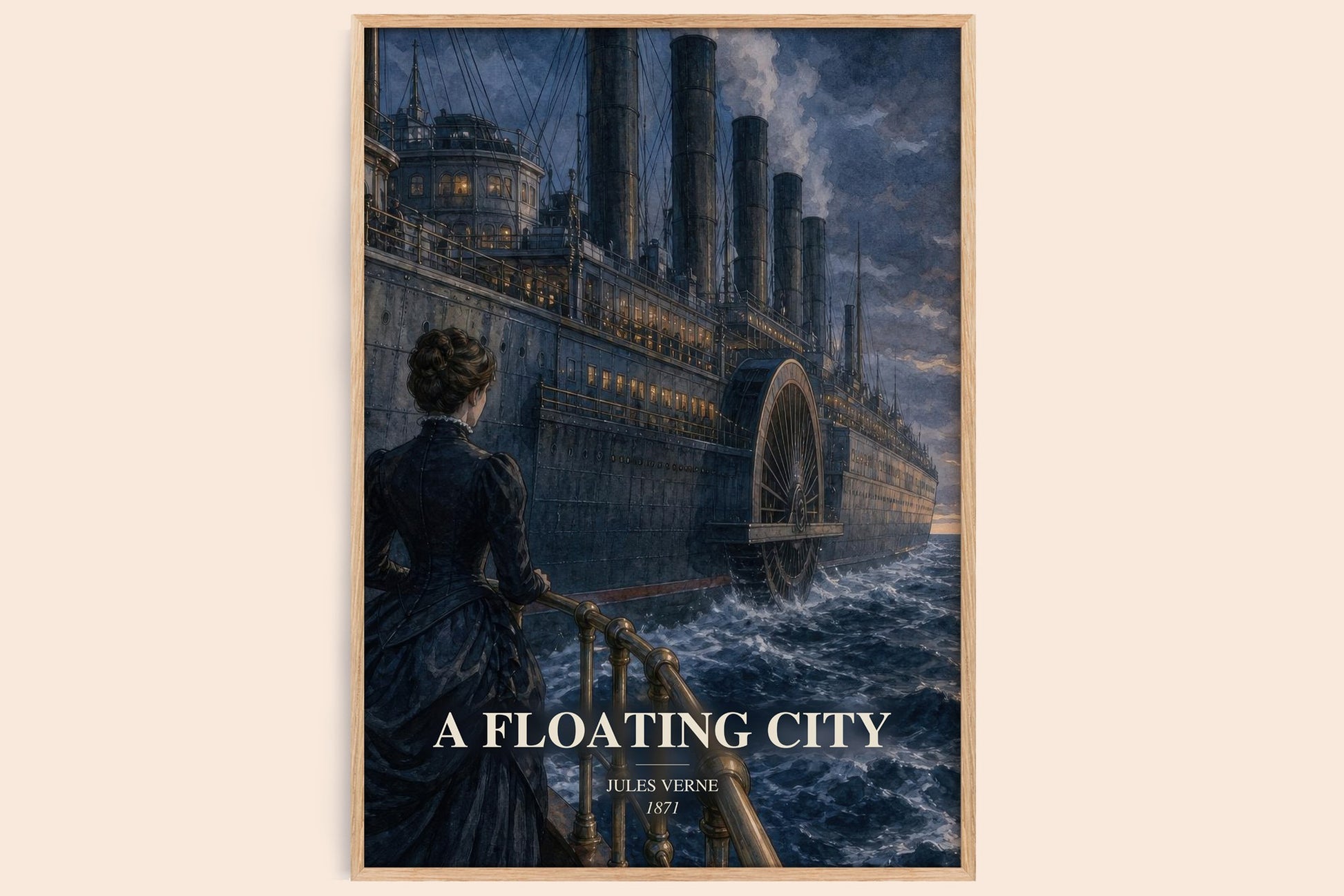 A Floating City watercolour book poster by Jules Verne – framed literary art print