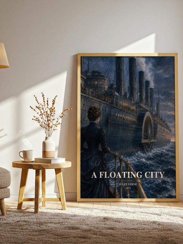 A Floating City watercolour print in frame leaning in hallway – adventure wall art