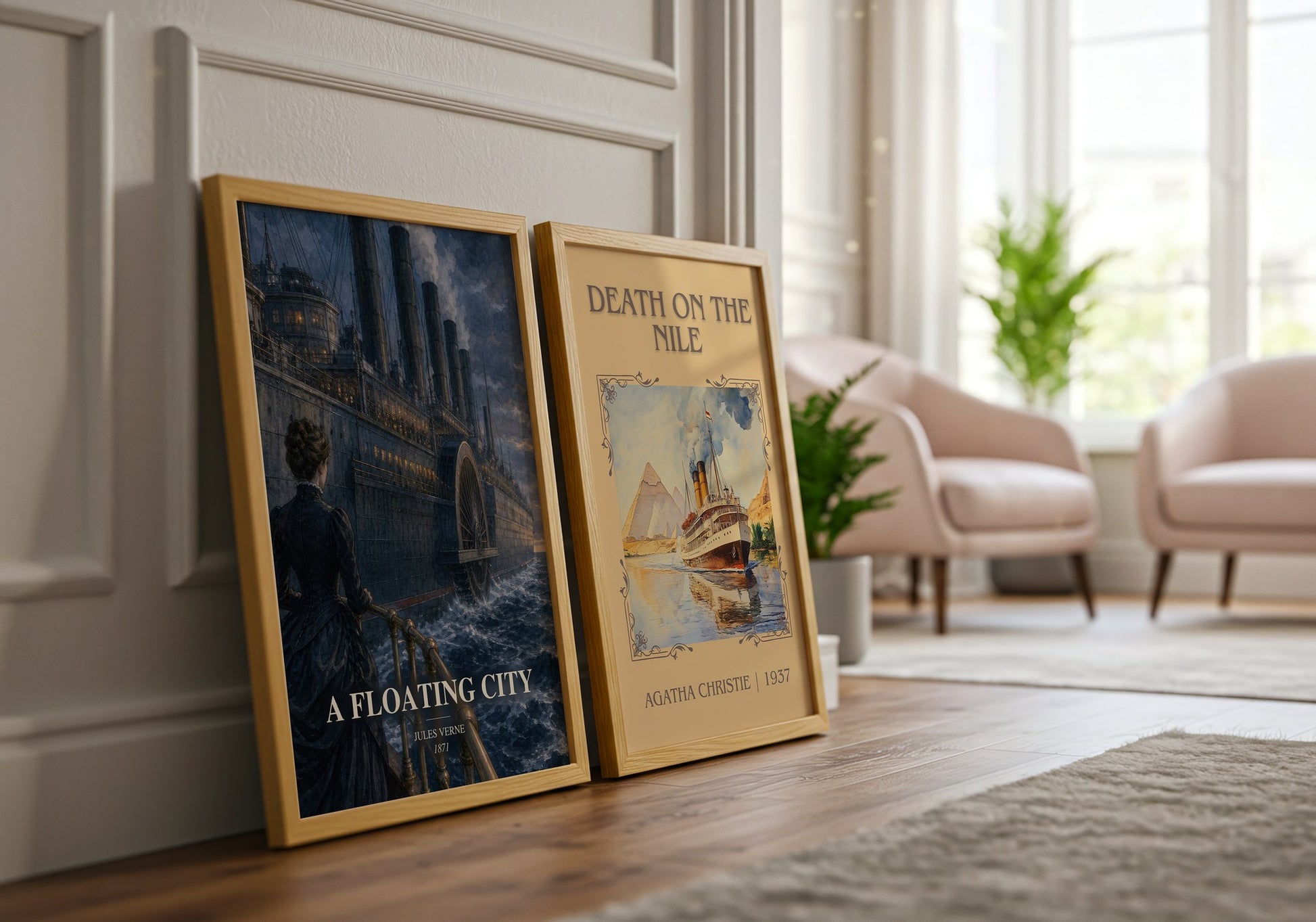 A Floating City watercolour print framed by window – literary home decor
