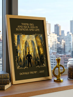 Think big and kick ass in business and life Classic Book Art Print by Donald Trump – framed print on a city-view windowsill