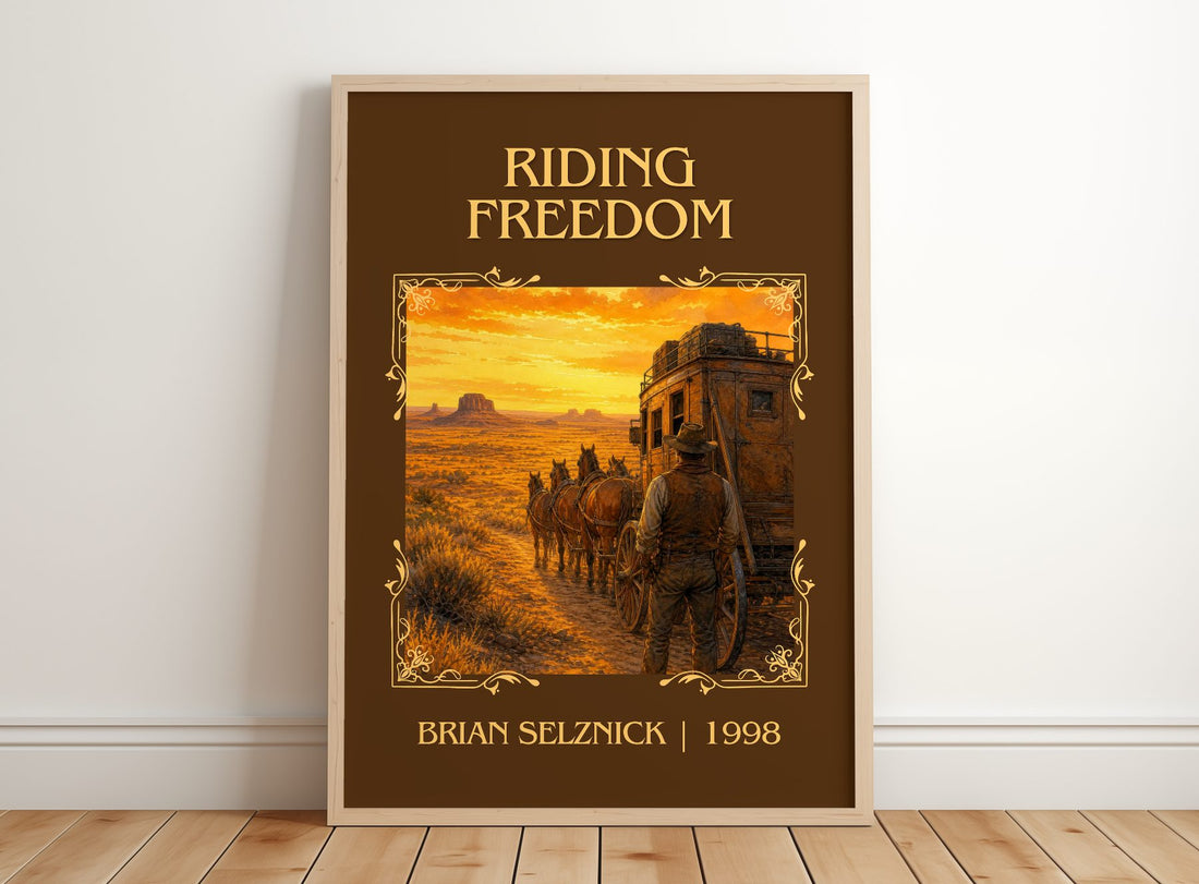 Riding Freedom Classic Book Art Print by Brian Selznick – framed print leaning on a wooden floor