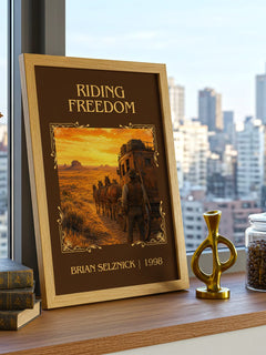Riding Freedom Classic Book Art Print by Brian Selznick – framed print on a city-view windowsill