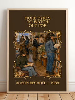 More dykes to watch out for Classic Book Art Print by Alison Bechdel – framed print leaning on a wooden floor
