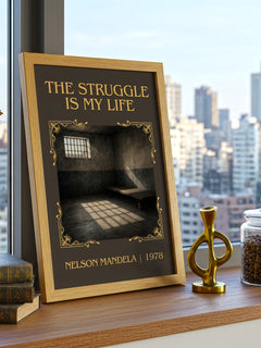 The Struggle Is My Life Classic Book Art Print by Nelson Mandela – framed print on a city-view windowsill