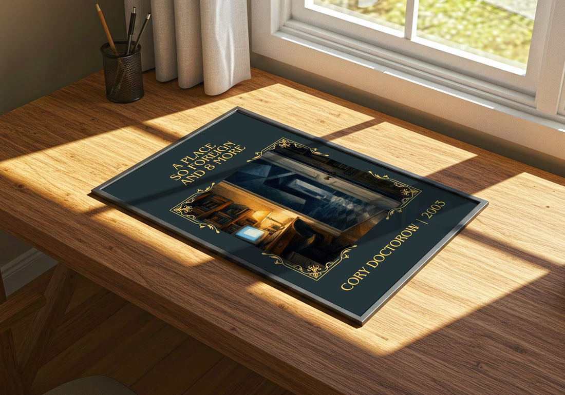 A Place So Foreign and 8 More Classic Book Art Print by Cory Doctorow – print on a sunlit desk