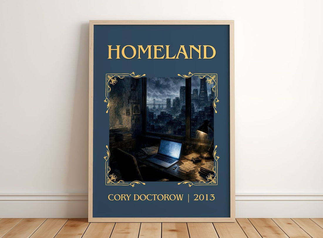 Homeland Classic Book Art Print by Cory Doctorow – framed print leaning on a wooden floor