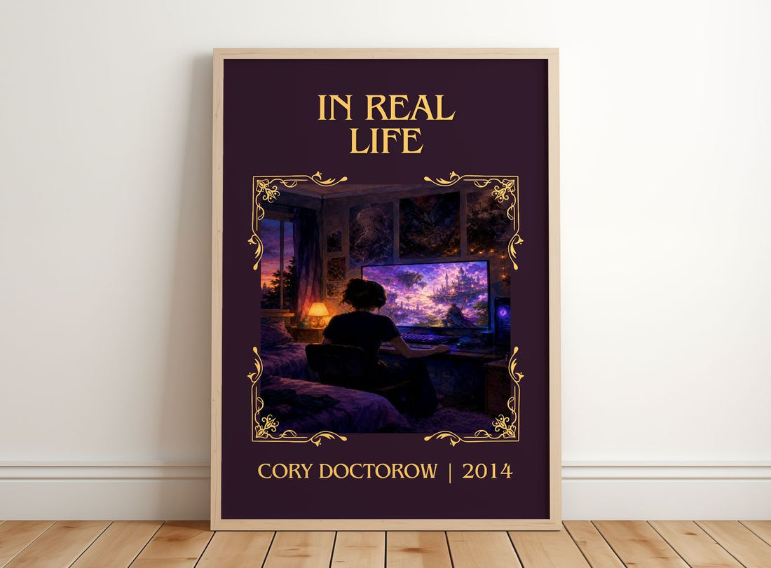 In Real Life Classic Book Art Print by Cory Doctorow – framed print leaning on a wooden floor