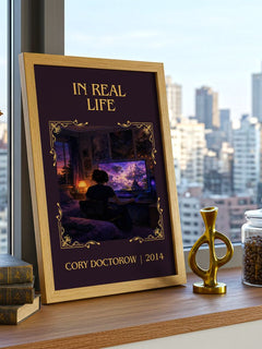 In Real Life Classic Book Art Print by Cory Doctorow – framed print on a city-view windowsill