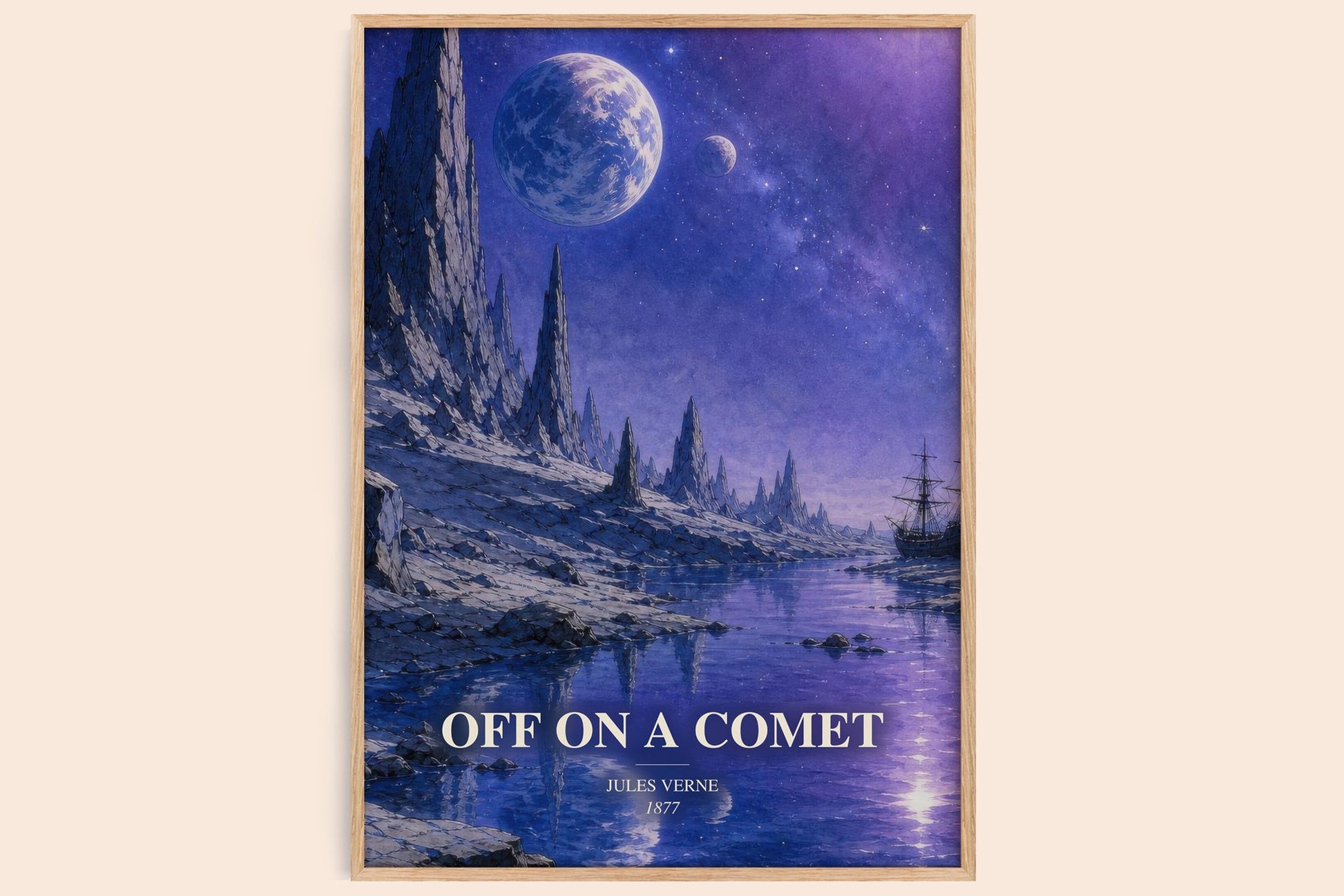 Off On A Comet watercolour book poster by Jules Verne – framed literary art print