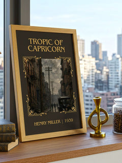 Tropic of Capricorn Classic Book Art Print by Henry Miller – framed print on a city-view windowsill