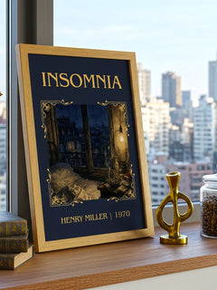 Insomnia Classic Book Art Print by Henry Miller – framed print on a city-view windowsill