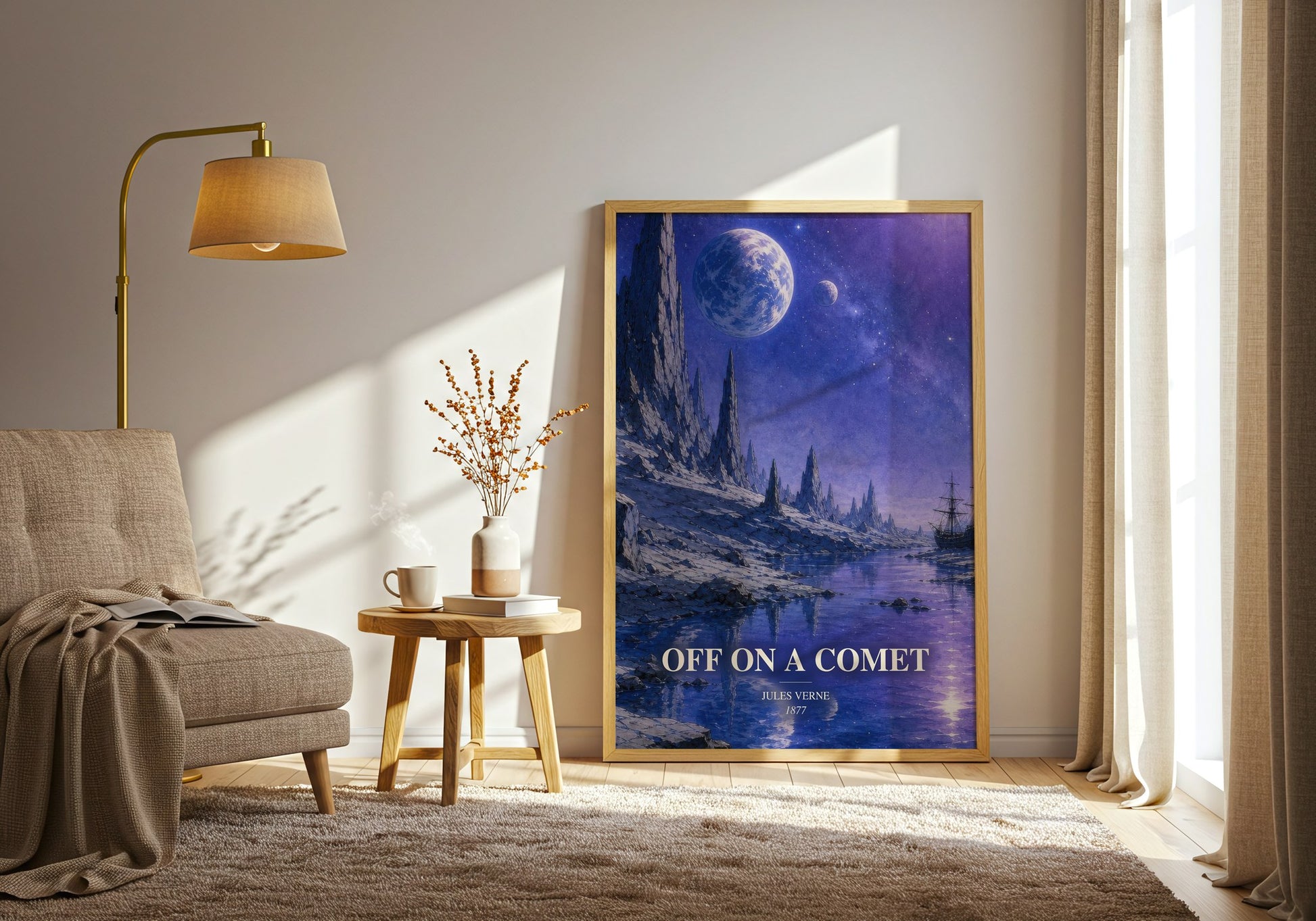 Off On A Comet watercolour print in frame leaning in hallway – sci fi wall art