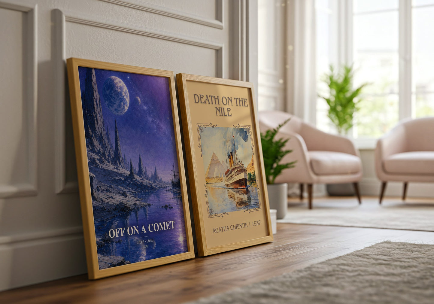 Off On A Comet watercolour print framed by window – literary home decor