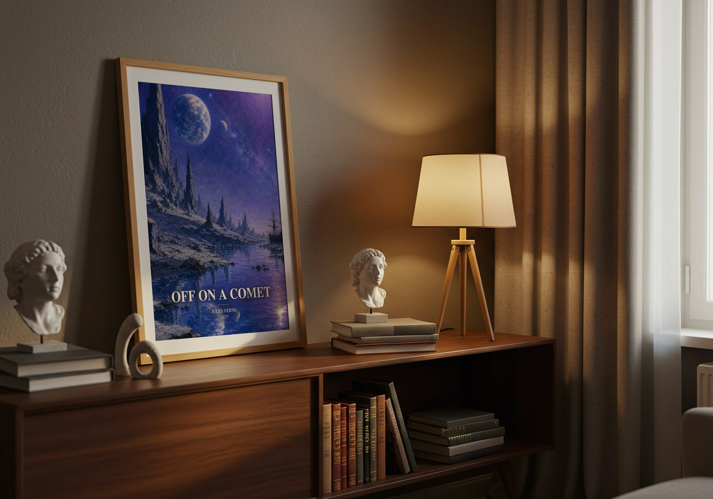 Off On A Comet watercolour print on bookshelf – Jules Verne fan gift