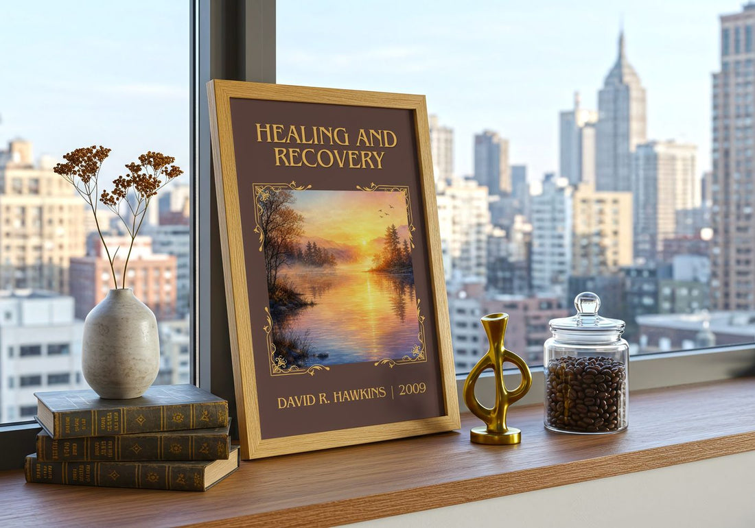 Healing and recovery Classic Book Art Print by David R. Hawkins – framed print on a city-view windowsill