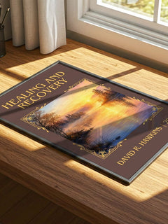 Healing and recovery Classic Book Art Print by David R. Hawkins – print on a sunlit desk