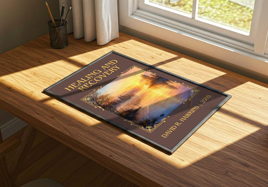 Healing and recovery Classic Book Art Print by David R. Hawkins – print on a sunlit desk