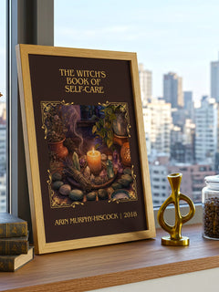 Witch's Book of Self-Care Classic Book Art Print by A. Murphy-Hiscock – framed print on a city-view windowsill