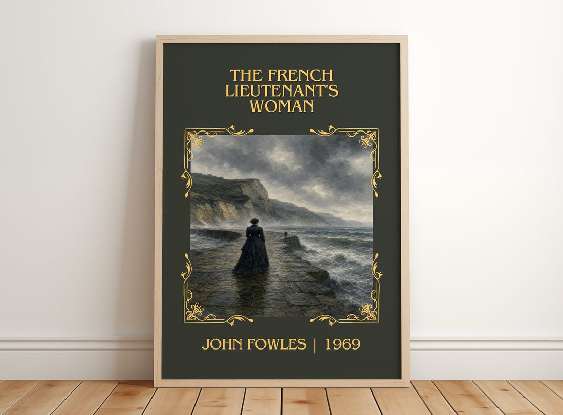 The French Lieutenant's Woman Classic Book Art Print by John Fowles – framed print leaning on a wooden floor