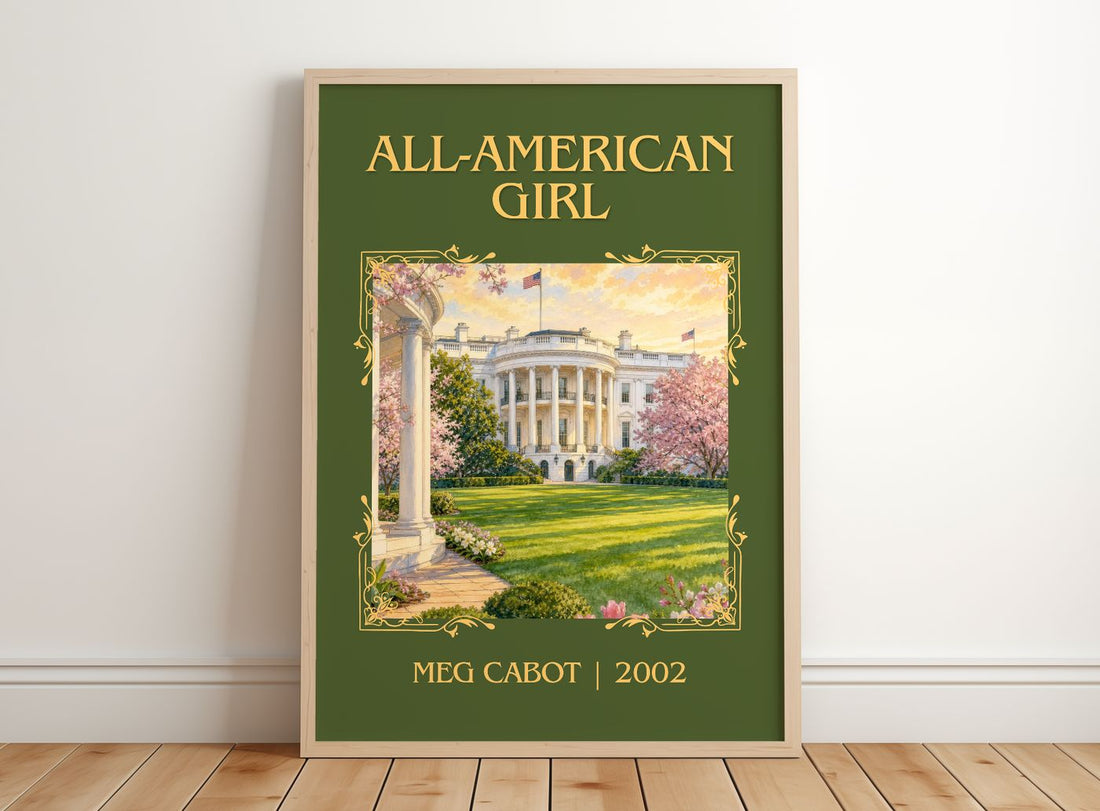 All-American Girl Classic Book Art Print by Meg Cabot – framed print leaning on a wooden floor
