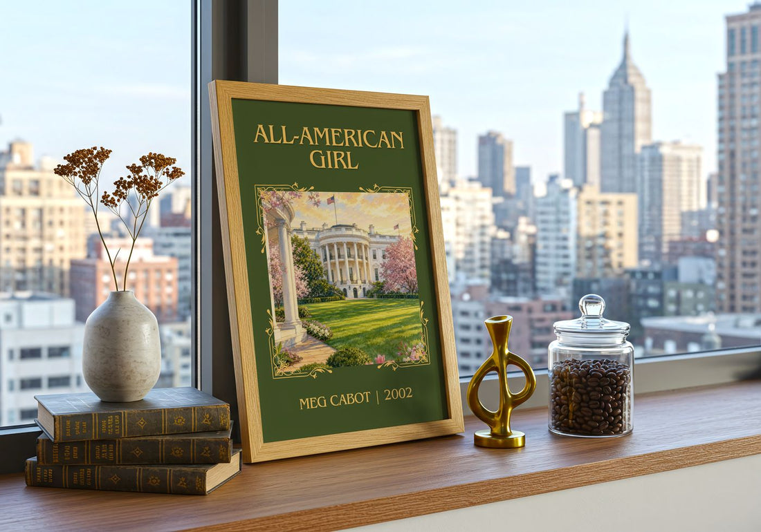 All-American Girl Classic Book Art Print by Meg Cabot – framed print on a city-view windowsill