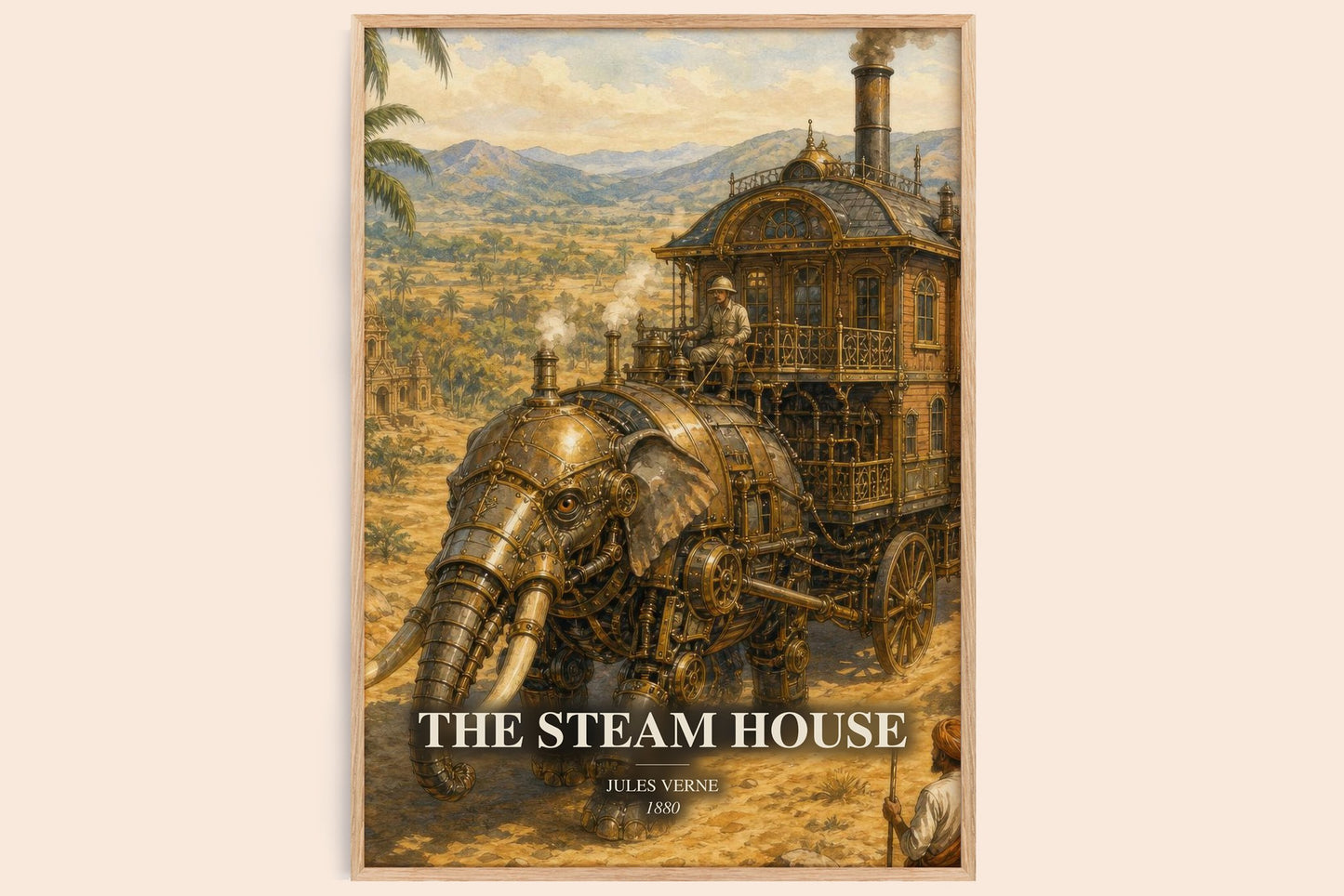 The Steam House watercolour book poster by Jules Verne – framed literary art print