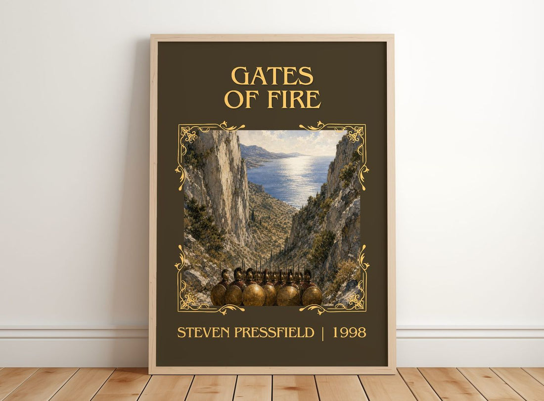 Gates of fire Classic Book Art Print by Steven Pressfield – framed print leaning on a wooden floor