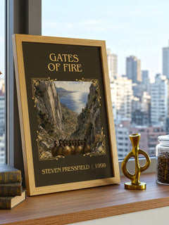 Gates of fire Classic Book Art Print by Steven Pressfield – framed print on a city-view windowsill
