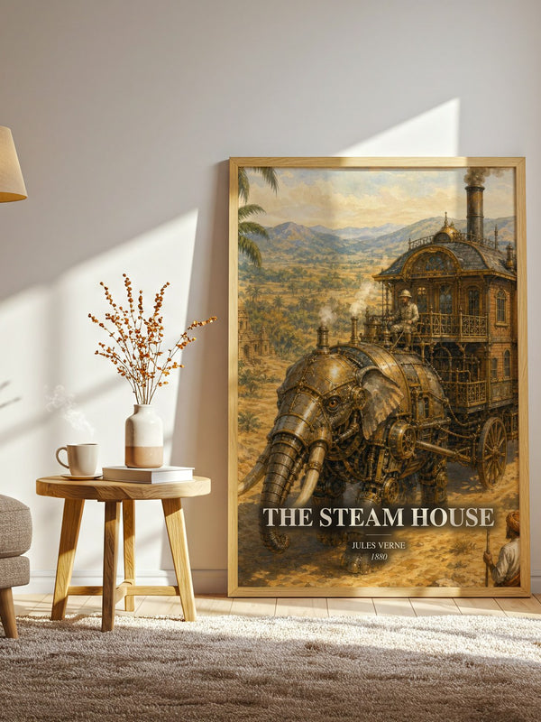 The Steam House watercolour print in frame leaning in hallway – adventure wall art